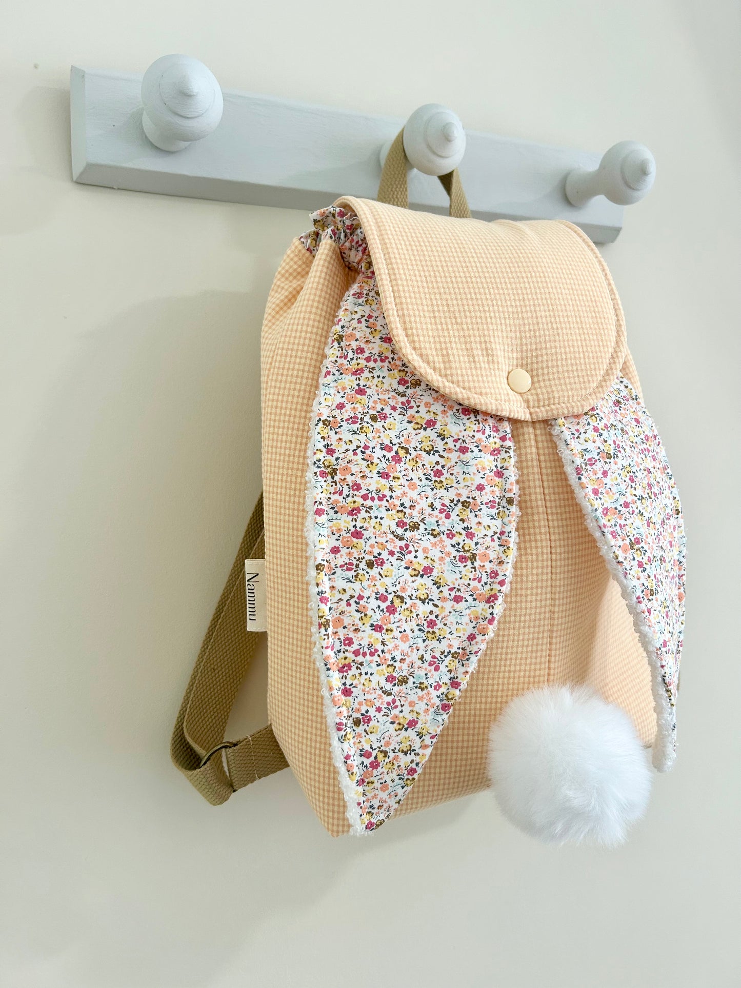 Mochila infantil conejito - Cuadros Vichy Amarillo y flores.