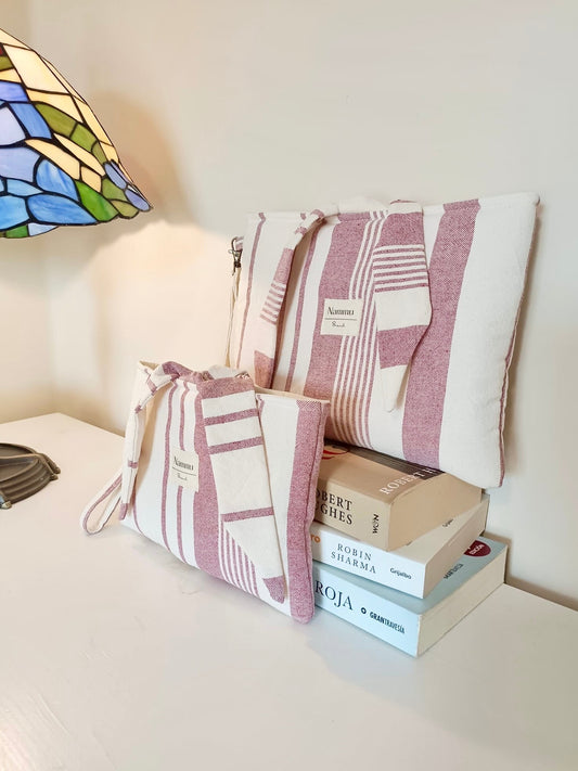 Funda acolchada para libros / agendas con asa - rayas burdeos